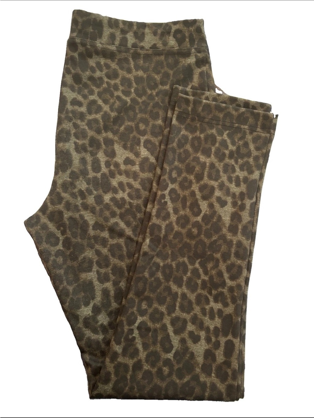 Calvin Klein Leopard Print Stretch Ankle Leggings Olive Brown Gold Logo Accent